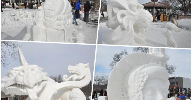 The 15 finished sculptures in the . Snow Sculpting Championship in Lake  Geneva