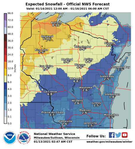 Statewide snow totals by National Weather Service