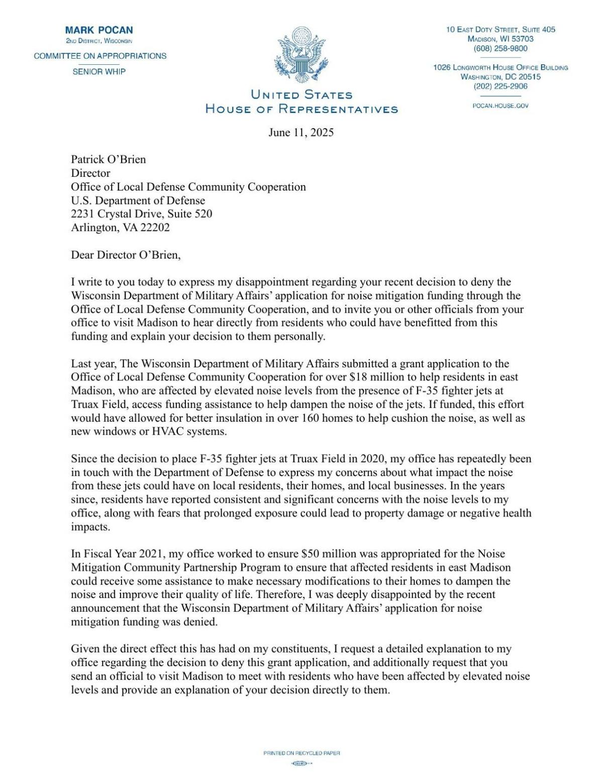 Mark Pocan noise mitigation letter