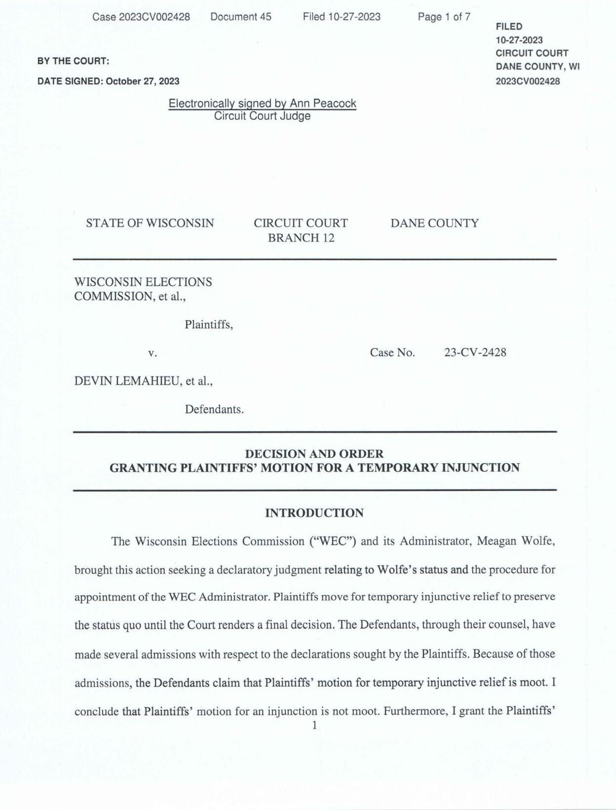 Judge Peacock's order