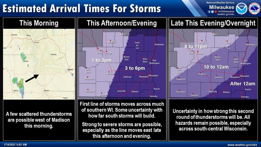 Arrival time of storms Wednesday by National Weather Service