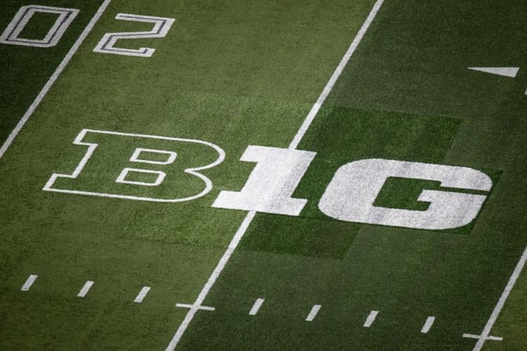 A patchwork of turf surrounds the Big Ten logo where it replaced the Pac-12 logo on the field at Autzen Stadium Saturday, Aug. 31, 2024 in Eugene, Ore.