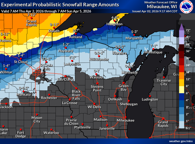 NWS expected snowfall 4-2-26