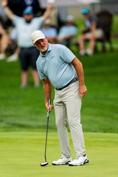 Jerry Kelly reacts to a putt on the 16th hole during round 3 of the Kaulig Companies PGA Championship, July 11, 2026, at