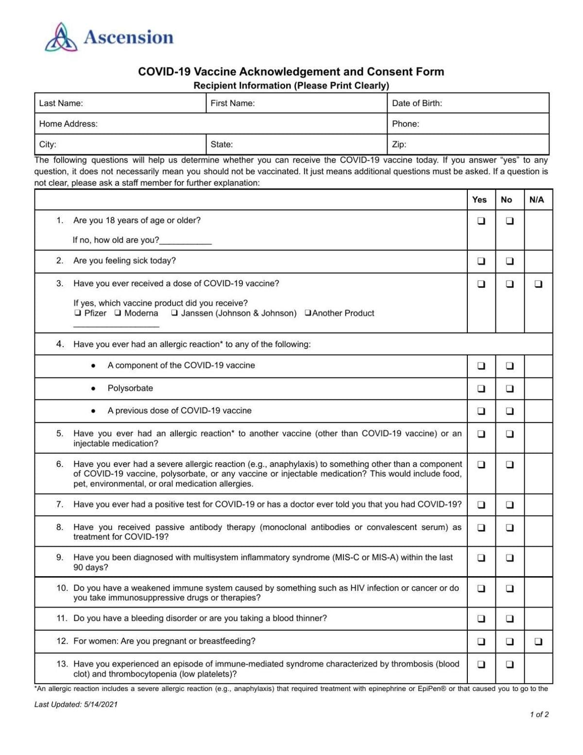 Ascension Health's COVID-19 Vaccination Consent form, as of August 2021