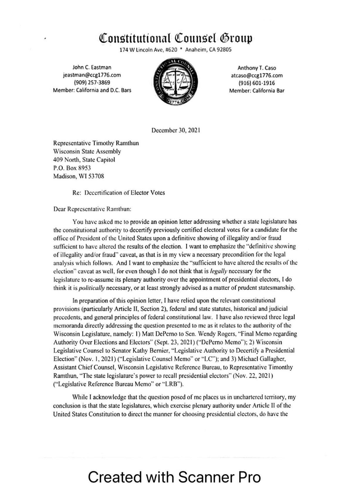 Eastman memo to Tim Ramthun
