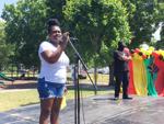 Organizer Darnisha Garbade welcomes crowd at Juneteenth event in Burlington