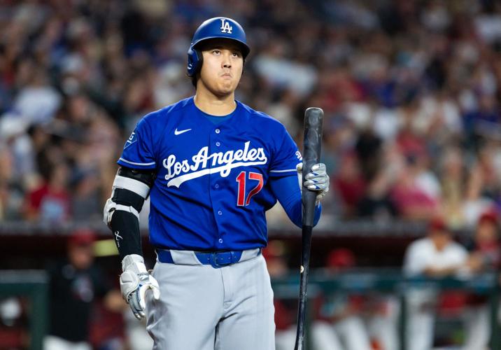 Shohei Ohtani reacts during the Dodgers' loss to the Diamondbacks at Chase Field on Aug. 9, 2026.