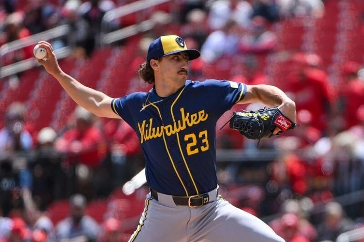 May 6, 2026; St. Louis, Missouri, USA; Milwaukee Brewers starting pitcher Brandon Sproat (23) pitches against the St. Louis Cardinals during the first inning at Busch Stadium. Mandatory Credit: Jeff Curry-Imagn Images