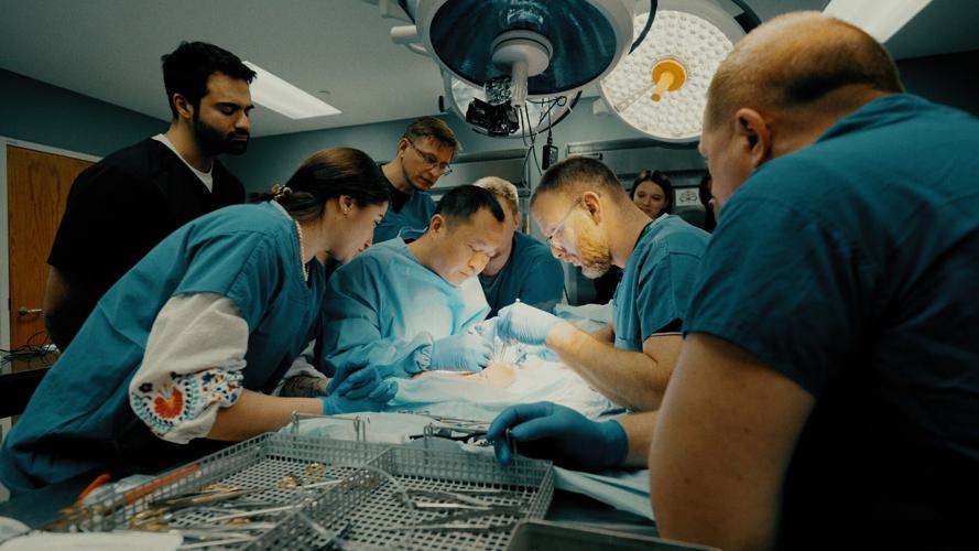 Ukrainian surgeons watch Weifeng Zeng practice microsurgical care on a cadaver. Their training started with chicken thighs, and then graduated to cadavers in the second week of their two-week training at the UW Microsurgery Regenerative Medicine Lab in Mad