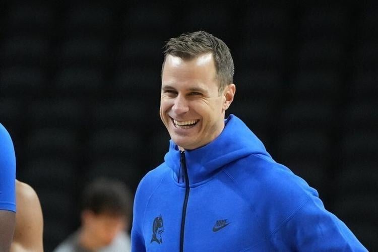 Mar 18, 2026; Greenville, SC, USA; Duke Blue Devils head coach Jon Scheyer reacts during a practice session ahead of the first round of the men's 2026 NCAA Tournament at Bon Secours Wellness Arena. Mandatory Credit: Bob Donnan-Imagn Images
