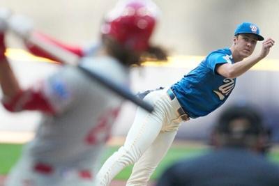 Milwaukee Brewers pitcher Jacob Misiorowski (32) delivers a pitch against Philadelphia Phillies left fielder Brandon Marsh (16) in the second inning at American Family Field.