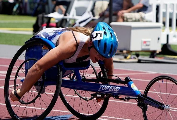 Slinger High School freshman Lucy Rate competes in the girls' 100m wheelchair final during the WIAA State Track and Field meet in La Crosse, Wisconsin on Saturday, June 6, 2026.