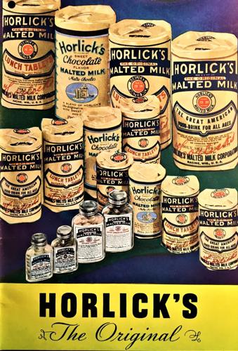 1937 color Horlick's Malted Milk ad showing product line, contemporary packaging