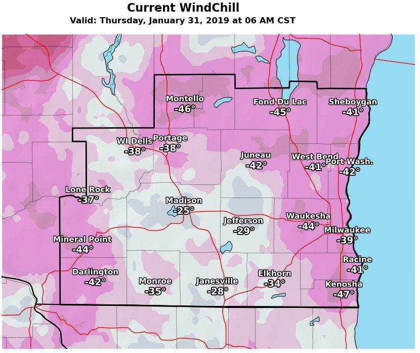 National Weather Service wind chill map, 1-31-19