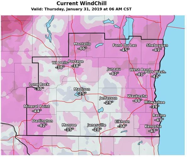 National Weather Service wind chill map, 1-31-19