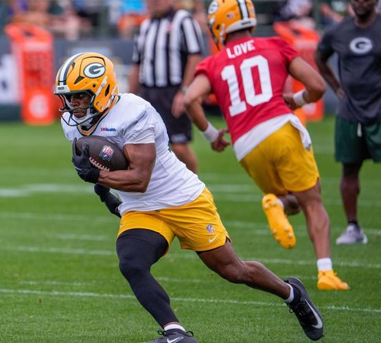 Green Bay Packers running back MarShawn Lloyd (32) runs through a drill during practice on Friday, July 31, 2026, at Ray