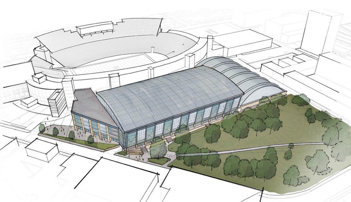 Conceptual drawing of indoor football practice facility