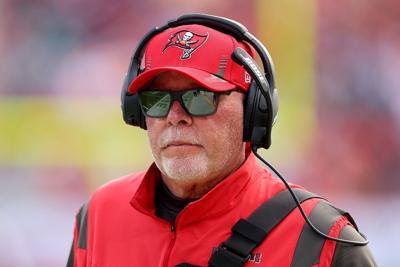 In this photo from January 16, 2022, head coach Bruce Arians of the Tampa Bay Buccaneers looks on against the Philadelphia Eagles during the first quarter in the NFC Wild Card Playoff game at Raymond James Stadium in Tampa, Florida.
