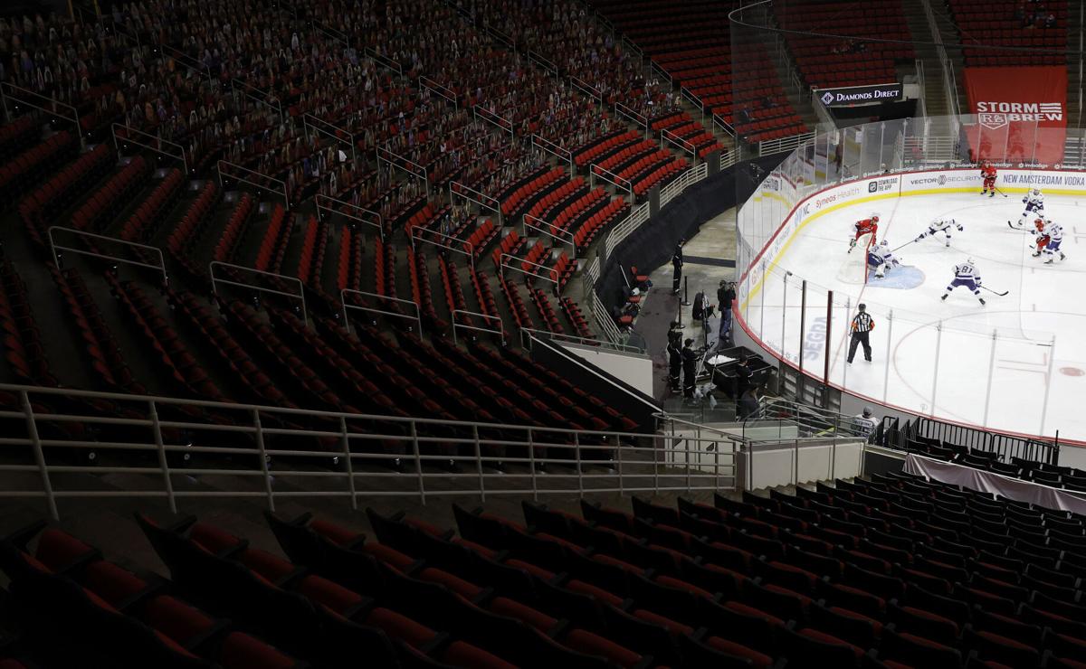 A general view of the game between the Carolina Hurricanes and the Tampa Bay Lightning during the third period of their game at PNC Arena on February 22, 2021, in Raleigh, North Carolina.
