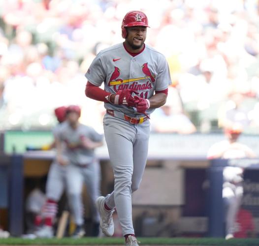 St. Louis Cardinals center fielder Victor Scott II (11) walks during the third inning of the game against the Milwaukee Brewers