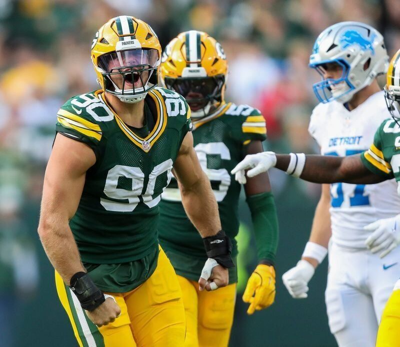 Green Bay Packers defensive end Lukas Van Ness (90) celebrates after sacking Detroit Lions quarterback Jared Goff on Sunday, September 7, 2025, at Lambeau Field in Green Bay, Wis. The Packers won the game, 27-13.Tork Mason/USA TODAY NETWORK-Wisconsin