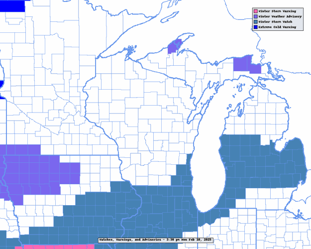 NWS, watches, warnings, advisories Monday morning 2-10-25