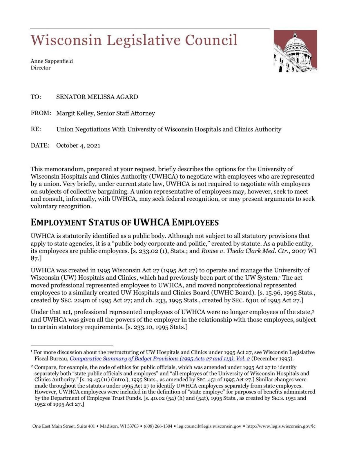 Wisconsin Legislative Council memo Oct. 4, 2021