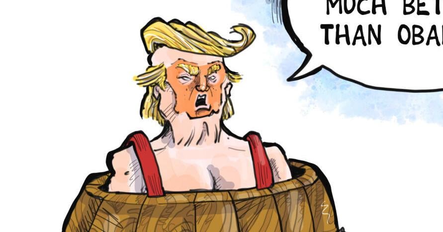 Phil Hands cartoon: Donald Trump loses his shirt in deal with Iran