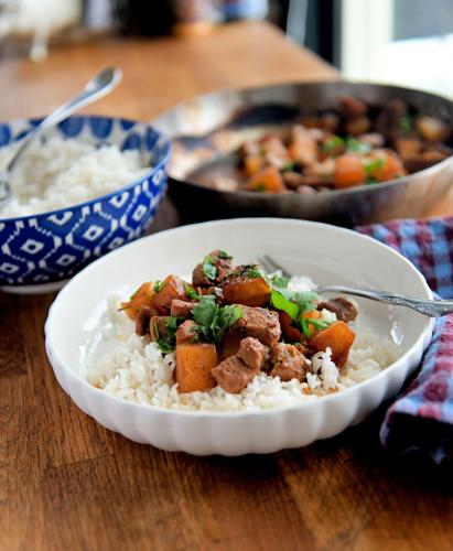 Seared pineapple and teriyaki pork, served over a creamy coconut rice.