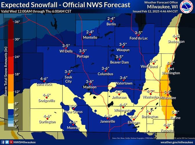 NWS expected snow totals through 6 a.m. Thursday 2-13-25