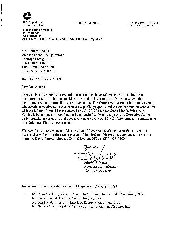 PHMSA corrective action order for Enbridge oil spill in Grand Marsh, WI