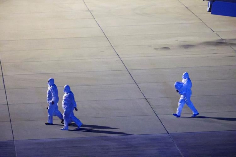 FILE PHOTO: Passengers evacuated from the cruise ship MV Hondius, which was affected by a hantavirus outbreak, arrive at the Eindhoven Air Base
