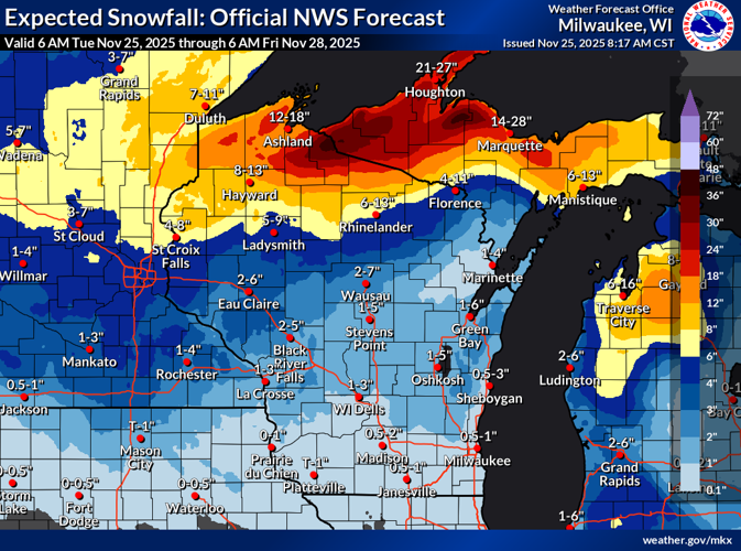 NWS expected snowfall through Friday 6 a.m.