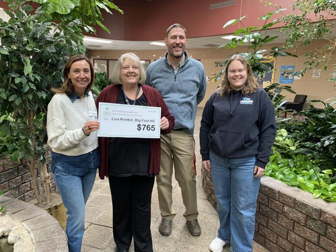 Jennifer Heaton presents a $765 check to Big Foot High School Agriscience Instructor Lisa Konkle, also pictured Big Foot High School Principal Jeremy Andersen and teacher assistant Sydney Bender