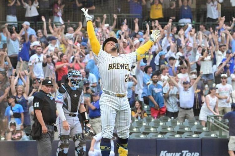 Jul 19, 2026; Milwaukee, Wisconsin, USA; Milwaukee Brewers catcher William Contreras (24) reacts after hitting game winning three run home run in the ninth inning against the Miami Marlins at American Family Field. Mandatory Credit: Benny Sieu-Imagn Images