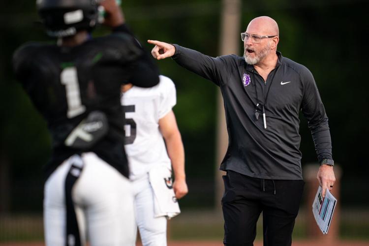 Lipscomb Academy coach Trent Dilfer works with his team during practice at Lipscomb Academy in Nashville, Tenn., Thursday, May 7, 2026.