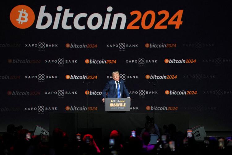 FILE PHOTO: Republican presidential nominee Donald Trump attends the crypto conference in Nashville