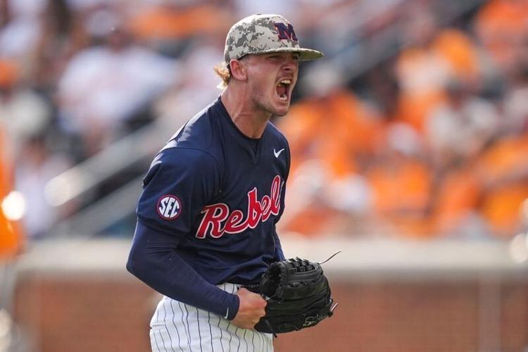 Ole Miss pitcher Cade Townsend (10) celebrates a strikeout during a NCAA baseball game between Tennessee and Ole Miss at Lindsey Nelson Stadium on April 18, 2026.