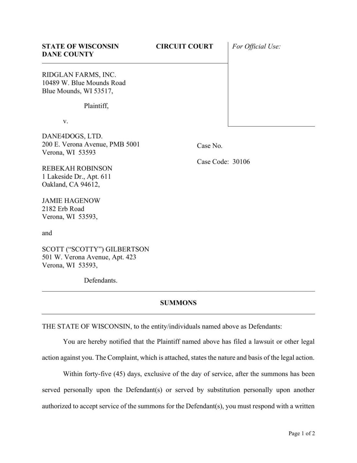 Ridglan complaint against activists