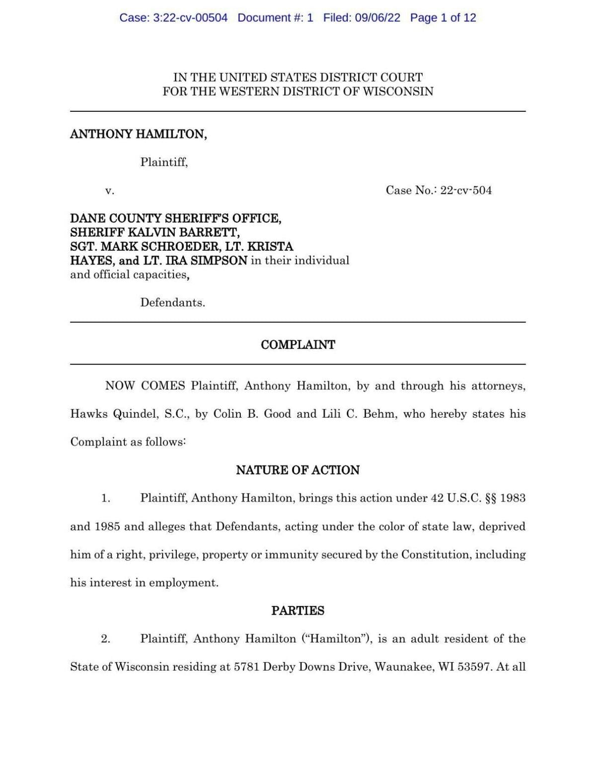 Anthony Hamilton lawsuit against Sheriff's Office