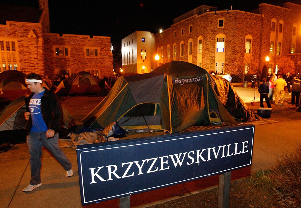 In this photo from February 11, 2009, Duke students camp out prior to the start of the annual showdown with the North Carolina Tar Heels in a makeshift campsite known as Krzyzewskiville at Cameron Indoor Stadium in Durham, North Carolina.
