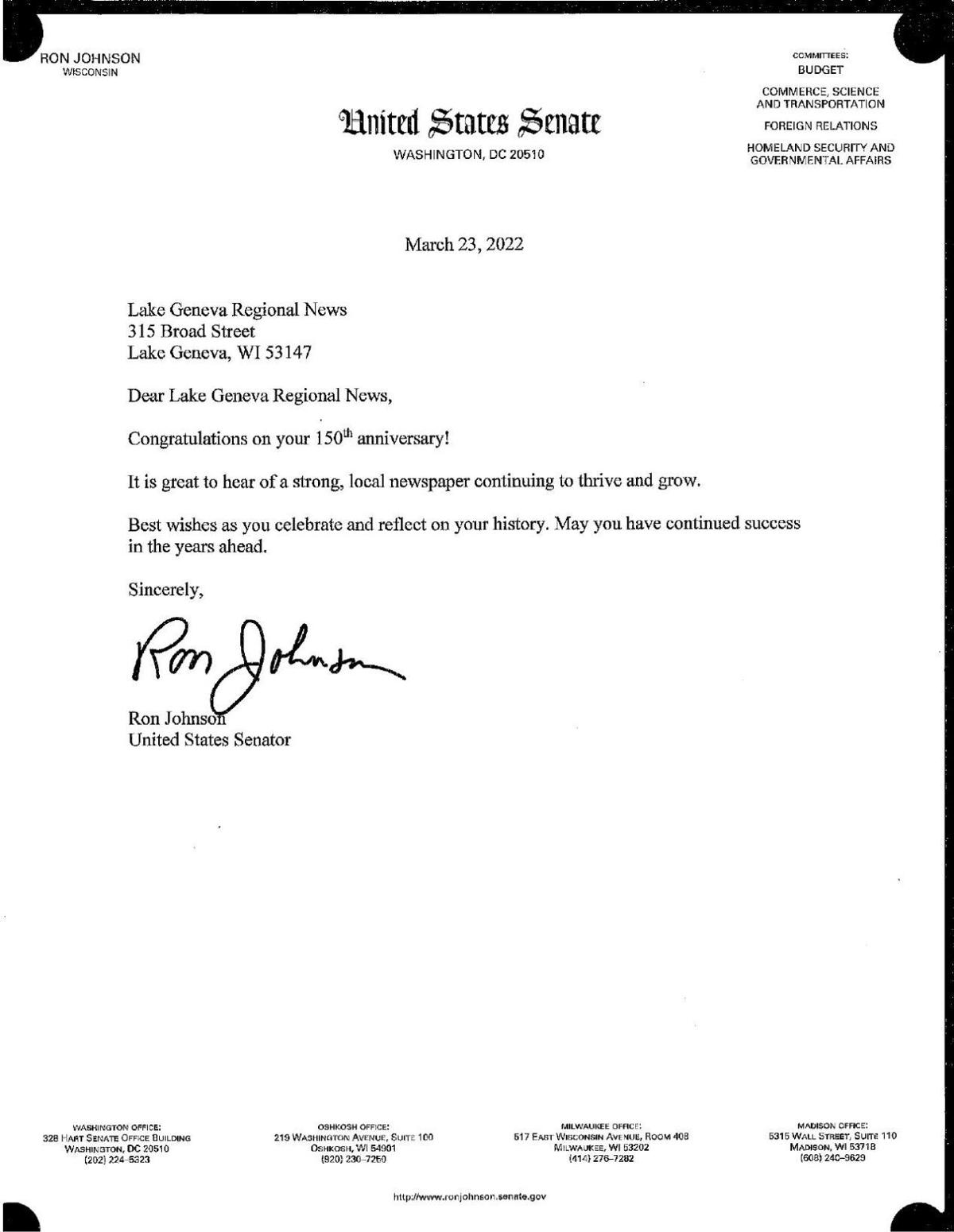 Letter from Sen. Johnson