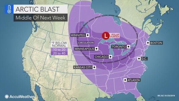 AccuWeather bitter cold forecast regional, 1-26-19