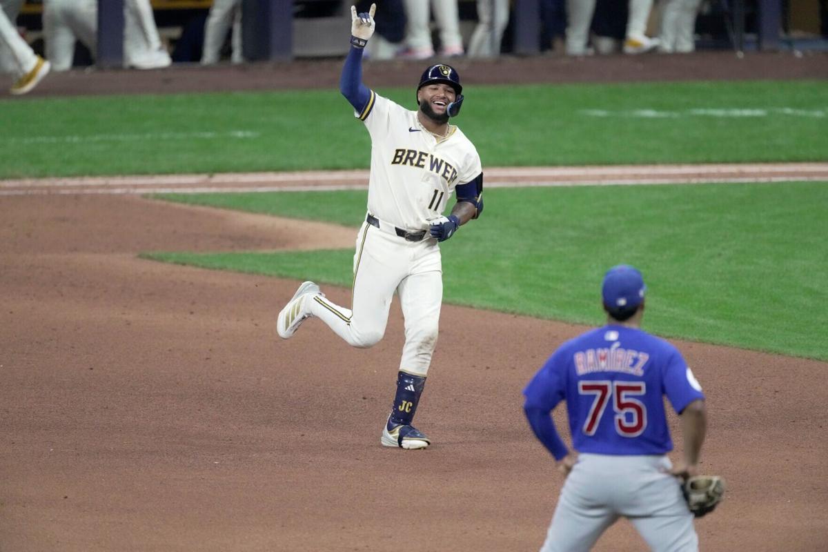 Brewers left fielder Jackson Chourio circles the bases after hitting a two-out, two-run home run to tie the game during the