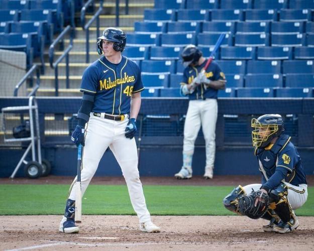 Milwaukee Brewers first base prospect Eric Bitonti stands in the batters box during spring training workouts Tuesday, February 17, 2026, at American Family Fields of Phoenix in Phoenix, Arizona.