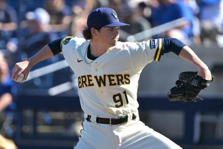 Feb 21, 2026; Phoenix, Arizona, USA; Milwaukee Brewers pitcher Tyson Hardin (91) delivers to the plate in the fifth inning against the Milwaukee Brewers at American Family Fields of Phoenix. Mandatory Credit: Jayne Kamin-Oncea-Imagn Images