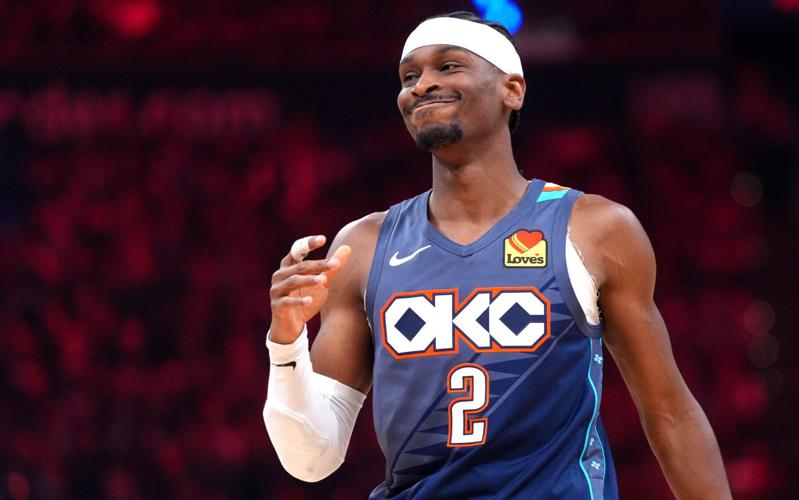 Oklahoma City's Shai Gilgeous-Alexander (2) reacts after a basket during the NBA basketball game between the Oklahoma City Thunder and the Los Angeles Lakers at Paycom Center in Oklahoma City, May, 7, 2026.