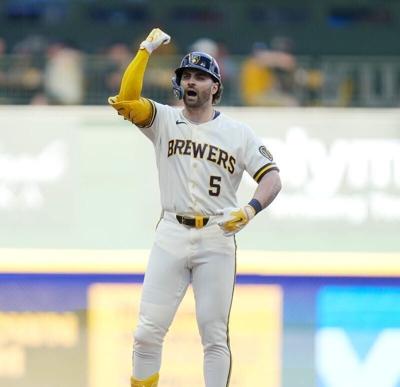 Brewers center fielder Garrett Mitchell celebrates after hitting a double against the St. Louis Cardinals on May 27 at American Family Field.
