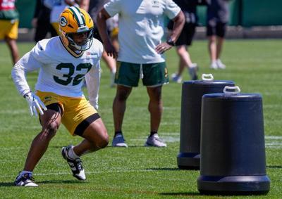 Green Bay Packers running back MarShawn Lloyd (32) runs through a drill during practice on Tuesday, June 2, 2026, at Ray